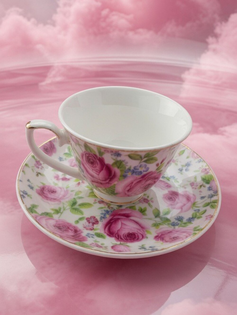 Grace Teaware Porcelain Pink Rose Floral Cup & Saucer Set 2-Piece